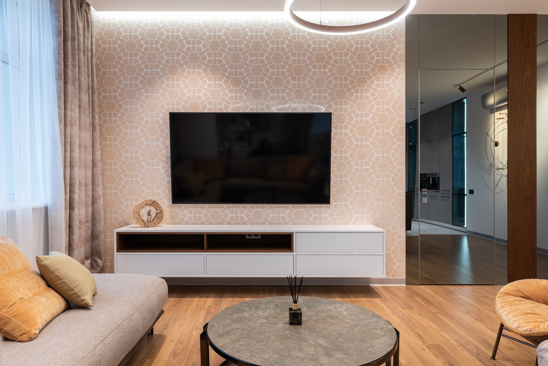 Calm modern interior with neutral tones and clean wall finishes